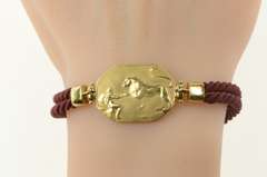 14K Yellow Gold Lion & Man Scene Burdick Co. Burgundy Cord Bracelet