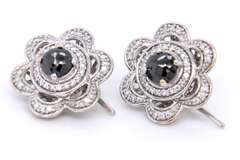 Gorgeous White Gold Black and White Diamond Flower Dangle Earrings