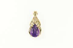 14K Yellow Gold Pear Amethyst Diamond Flowing Curve Drop Pendant