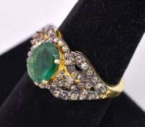 Fantastic 1.32CTW Natural Emerald & 1.10CTW Diamond Ring in Gold Plated Sterling Silver