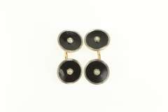 14K Yellow Gold Art Deco Black Onyx Seed Pearl Round Cuff Links