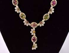 Fantastic Floral 10.75CTW Tourmaline & Approx. 5.00CTW Diamond Necklace in Gold Plated Sterling Silver