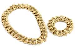 Polished Yellow Gold Double Link Wide Bracelet and Necklace Set