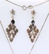 Set of 925 Sterling Silver Marcasite and Black Onyx Pendant on Chain With Dangle Earrings