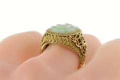 Silver Carved Floral Jade Ornate Woven Filigree Ring