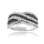 Sterling Silver 1/2ct Black & White Diamond Crossover Wave Band Ring