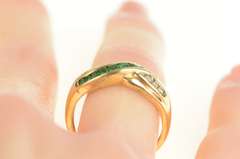 14K Yellow Gold Emerald Diamond Wavy Criss Cross X Band Ring