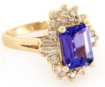 3.16ct Emerald Cut Tanzanite and 1.00ctw Diamond Starburst Yellow Gold Ring