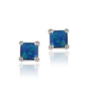 Sterling Silver 6mm Square Created Blue Opal Stud Earrings