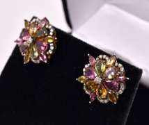 Breathtaking 6.25CTW Colorful Tourmaline & 1.00CTW Diamond Earrings in Gold Plated Sterling Silver