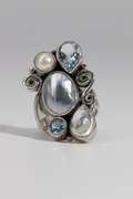 .925 Sterling Silver Ring w/ Mabe Pearl, Blue Topaz, Rainbow Moonstone, South Sea Pearl Natural Gem Stones Size 8