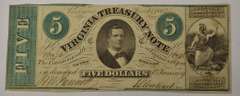 May 13th 1862 $5 Virginia Treasury Note, Circulated.