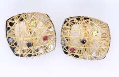 Wonderful Yellow Gold open Owen Square Multi Stone Earrings