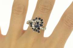 14K White Gold 1.55 Ctw Sapphire Diamond Swirl Retro Statement Ring