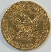 Upper end 1881 US $5 Liberty Gold Piece. Full strike