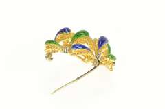 18K Yellow Gold 1950's Green Blue Enamel Domed Paisley Pin/Brooch