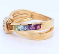 Fantastic 18kt Yellow Gold Guy Laroche Multi Gemstone and Diamond Bypass Ring