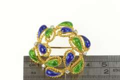 18K Yellow Gold 1950's Green Blue Enamel Domed Paisley Pin/Brooch