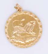 Fabulous Yellow Gold Diamond Cut Dish Charm Pendant with Engraved Lion