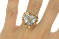 14K Yellow Gold 1950's Blue Topaz Ornate Heart Love Symbol Ring