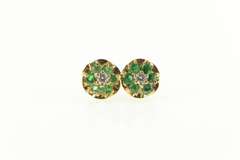 14K Yellow Gold Emerald Flower Diamond Accent Stud Earrings
