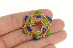 18K Yellow Gold 1950's Green Blue Enamel Domed Paisley Pin/Brooch