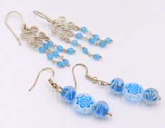 Group Lot of 2 Vintage 925 Sterling Silver Glass Dangle Earrings