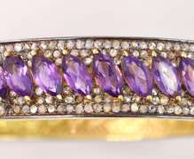 Spectacular 15.50CTW Marquise Cut Amethyst & 5.20CTW Diamond Bangle Bracelet in Gold Plated Sterling Silver