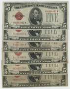 6 Scarcer Series of 1928 $5 Red Seal Notes