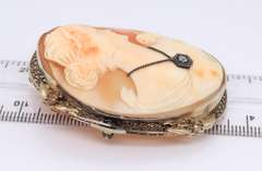 Antique Yellow Gold Shell Cameo with Diamond Pendant Brooch