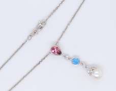 Attractive White Gold Topaz, Pearl and Diamond Dangle Pendant on Chain
