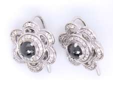 Gorgeous White Gold Black and White Diamond Flower Dangle Earrings