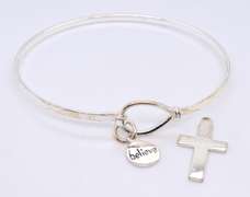 925 Sterling Silver Believe and Cross Charm Bangle