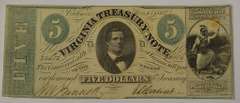 May 13th 1862 $5 Virginia Treasury Note, Circulated.