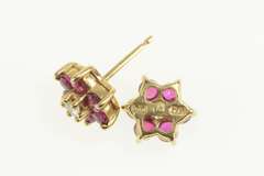 14K Yellow Gold Diamond Ruby Flower Halo Cluster Stud Earrings
