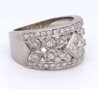 Dramatic White Gold Mixed Cut Diamond Migraine Floral Wide Diamond Band