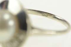 14K White Gold 1950's Pearl Diamond Semi Halo Engagement Ring