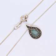 Vintage 925 Sterling Silver Jade and Marcasite Pendant on Chain