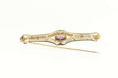 14K Yellow Gold Victorian Amethyst Ornate Filigree Bar Pin/Brooch