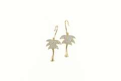 10K Yellow Gold Pave Diamond Palm Tree Tropical Dangle Earrings