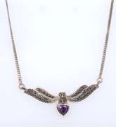 925 Sterling Silver Heart Shaped Amethyst and Marcasite Necklace