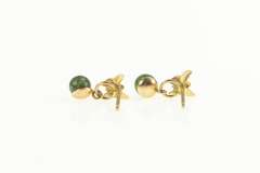 14K Yellow Gold Retro Butterfly Nephrite Sphere Ball Dangle Earrings