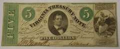 May 13th 1862 $5 Virginia Treasury Note, Circulated.