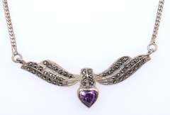 925 Sterling Silver Heart Shaped Amethyst and Marcasite Necklace