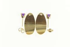 14K Yellow Gold Amethyst Grooved Geometric Curved Oval Dangle Earrings