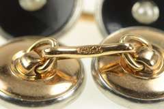14K Yellow Gold Art Deco Black Onyx Seed Pearl Round Cuff Links