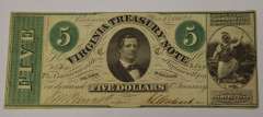 May 13th 1862 $5 Virginia Treasury Note, Circulated.