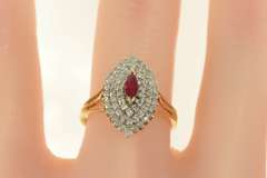 10K Yellow Gold 0.75 Ctw Marquise Ruby Diamond Cluster Halo Ring