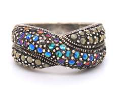 Set of Vintage Italian Sterling Silver Marcasite and CZ Pendant on Chain with Matching Ring and Earrings