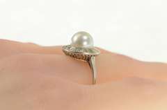 14K White Gold 1950's Pearl Diamond Semi Halo Engagement Ring